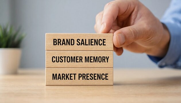 Hand placing wooden blocks emphasizing brand salience customer memory and market presence on a light wooden surface