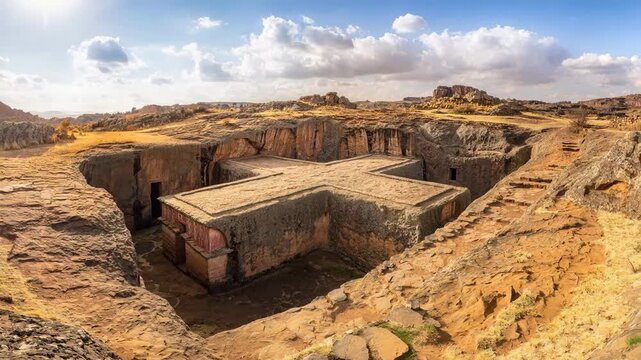 Ancient rock-hewn church in desert landscape with blue sky and clouds Ethiopia travel landmark