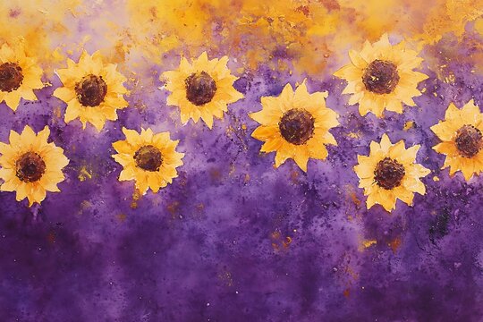 Vibrant sunflowers in a field of purple