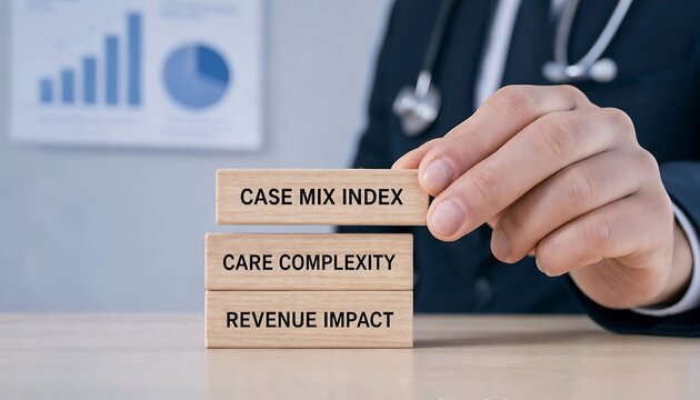 Healthcare professional analyzing case mix index care complexity and revenue impact with wooden blocks
