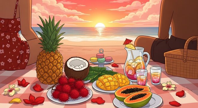 Romantic tropical beach picnic at sunset with exotic fruits and summer drinks on a checkered blanket