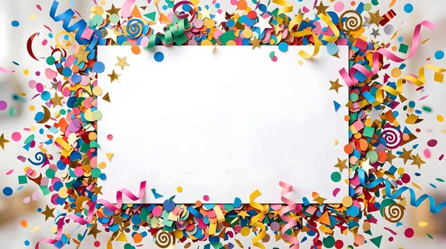 Blank white paper rectangle surrounded by vibrant colorful confetti pieces and curly streamers creating a festive celebration border background design