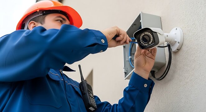 Professional security camera installation by a skilled technician in a hard hat, ensuring safety and surveillance