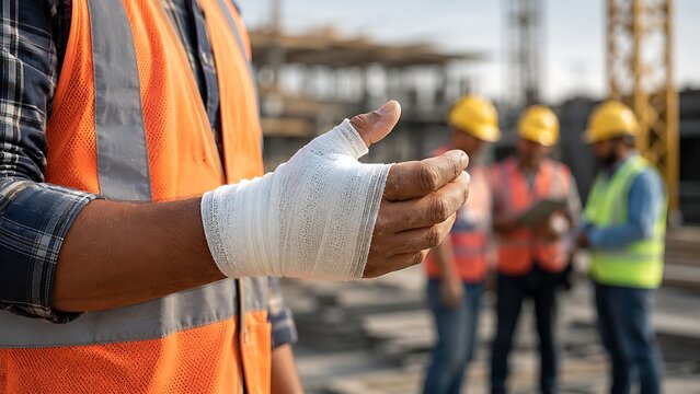 Construction worker with bandaged hand at work site.