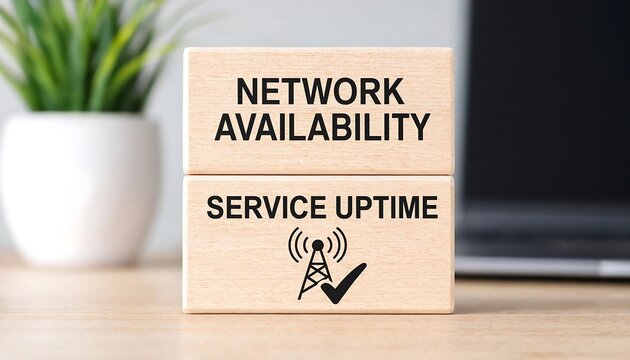 Network availability and service uptime concept illustrated with wooden blocks and wireless signal icon on desk
