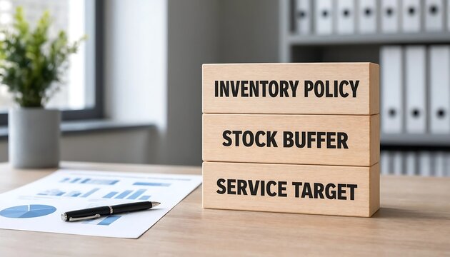 Office workspace display showing inventory management blocks with stock and service target labels alongside documents and pen