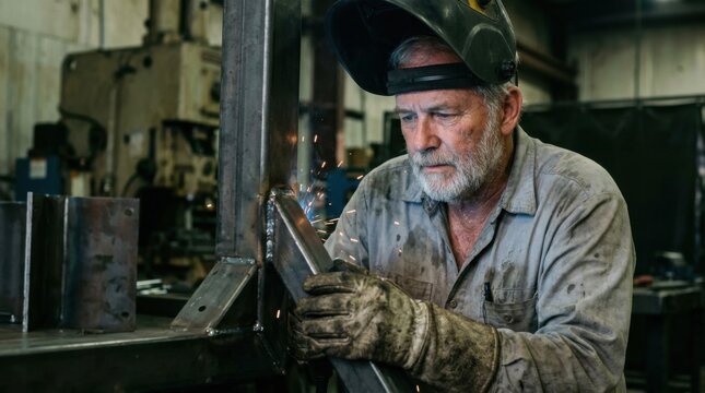 Skilled male metalworker inspecting metal piece in industrial workshop environment