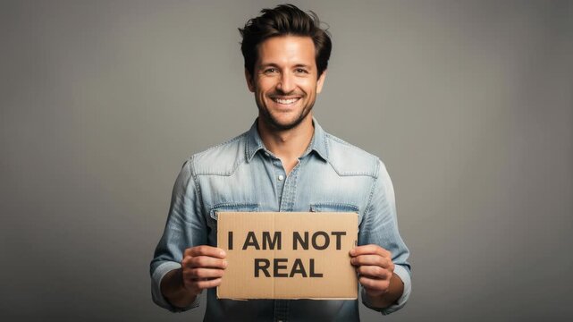 Smiling man holding cardboard sign with text against gray background studio portrait