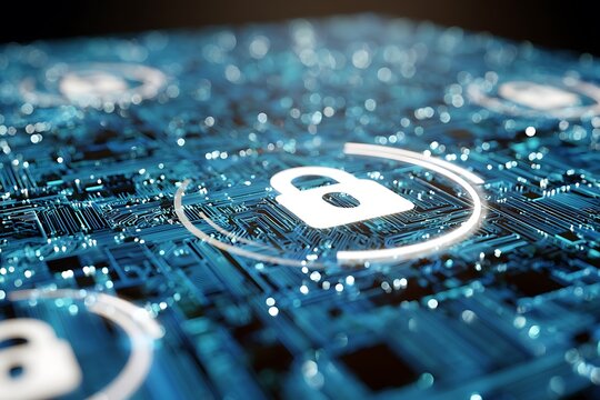 Cyber security and protection of private information and data concept. Locks on blue integrated circuit. Firewall from hacker attack.