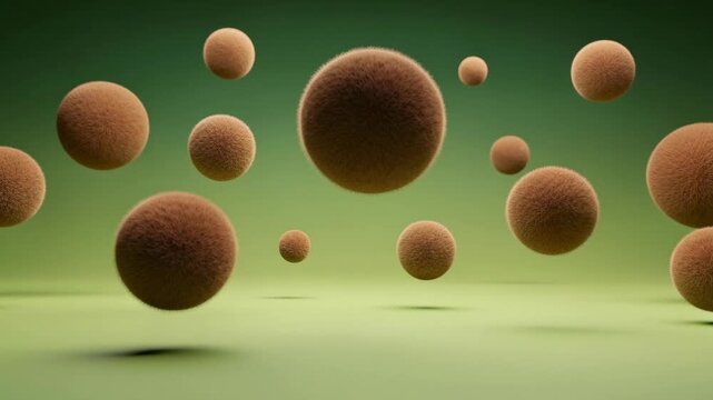 Floating soft brown fuzzy spheres in a green gradient background with shadows and depth of field