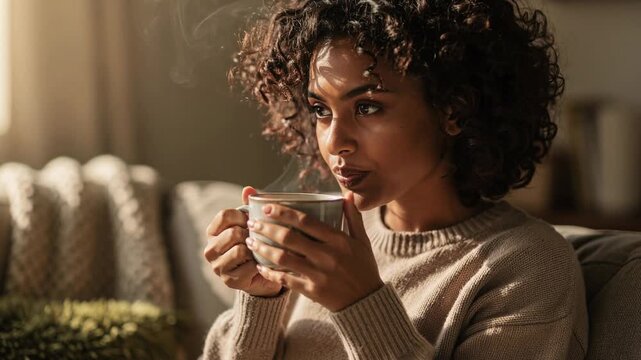 Young woman enjoying a warm hot drink at home cozy moment with steaming cup and relaxed atmosphere