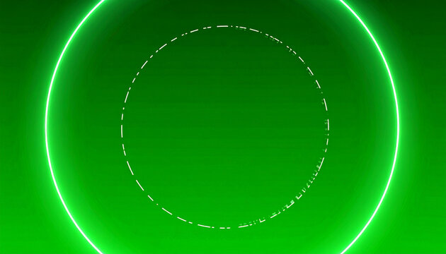 Abstract green neon light circle with a dashed line circle in the middle on a green background