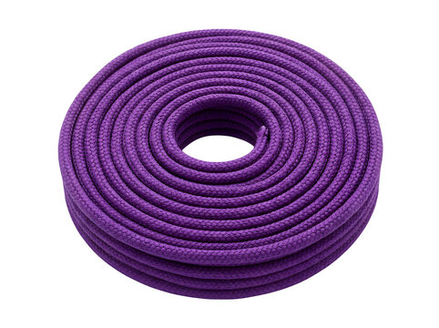 A coiled purple rope made of thick fabric material isolated on transparent background