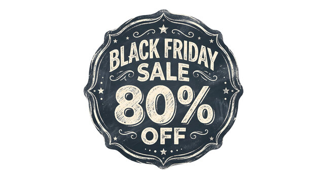 Black Friday sale badge with 80 percent off discount in chalkboard style on black background