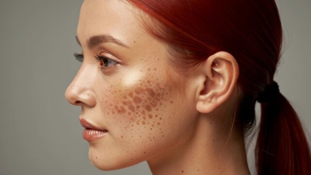 Close up profile of young woman with red hair and natural freckles on face against neutral background