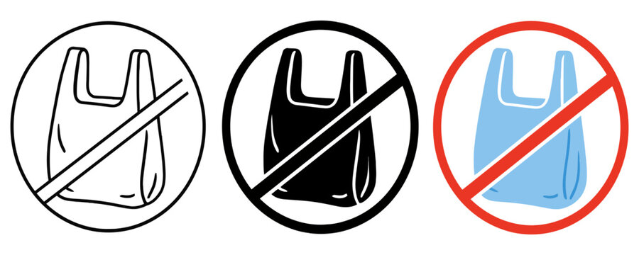 No plastic bag prohibition sign icon set with single use no bags prohibition