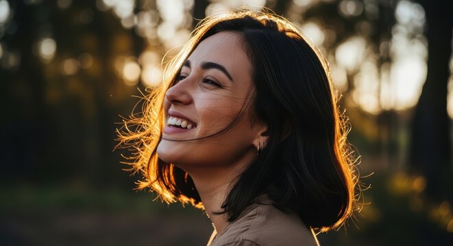 Happy young woman smiling in golden hour sunlight