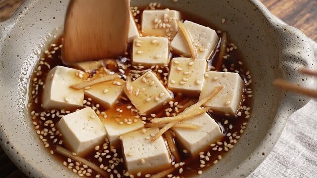 Woman prepares tofu dish in soy sauce broth. Chef stirs meal with wooden spoon and chopsticks. Healthy vegan dinner concept in ceramic bowl, cooking sequence.