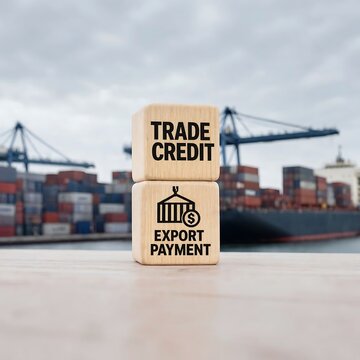 Trade credit and export payment concept illustrated with wooden blocks in front of shipping containers and cranes