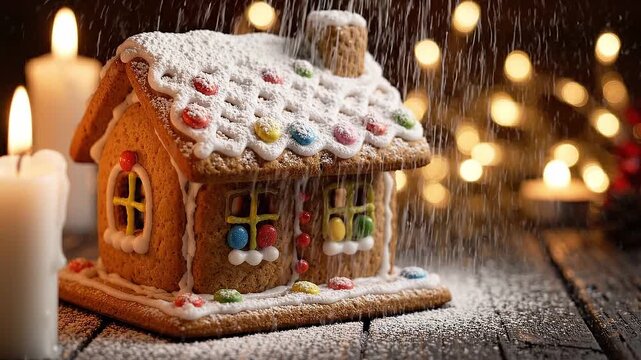 Gingerbread house covered in sugar snow. Traditional Christmas biscuit cottage with colorful candy decorations. Festive holiday food concept on rustic wooden table.