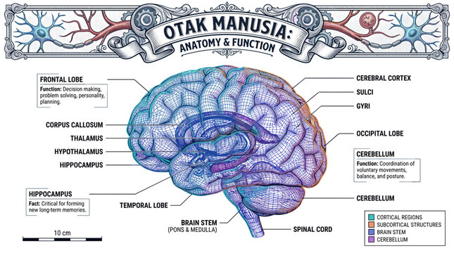Human brain anatomy and functional regions infographic