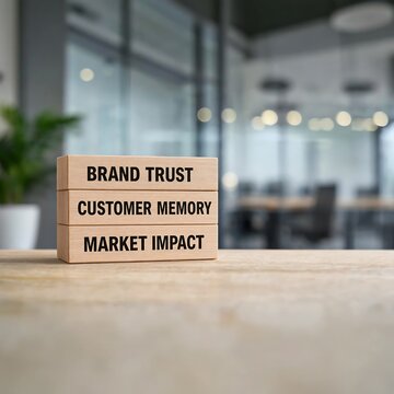 Wooden blocks displaying brand trust customer memory and market impact in modern office setting