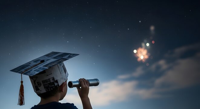 Young Graduate Looking Through Telescope at Glowing Night Sky with Fireworks for Future Aspirations and Academic Achievement Success Goals