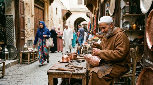 Elderly Artisan Crafting Copperware in Traditional Market Street Scene