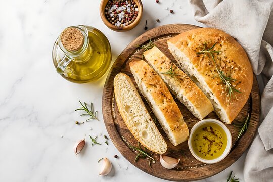 Rosemary focaccia or fougasse served on a rustic wooden board.