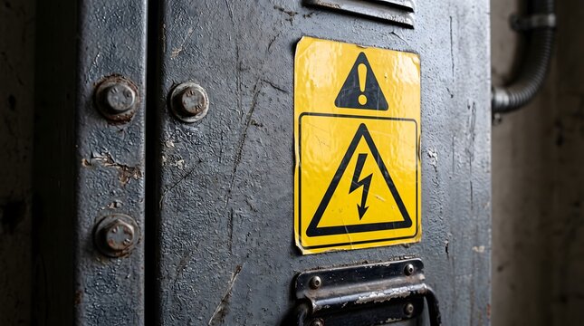 High voltage warning sign on a worn, weathered industrial electrical control box. A detailed close-up shot capturing aged metal texture, safety hazard iconography and dramatic factory machinery...