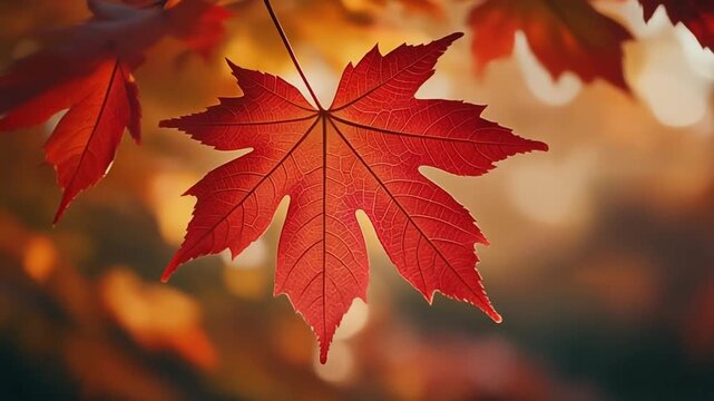 Vibrant Red Maple Leaf with Detailed Veins, Macro Shot, Soft Bokeh Autumn Background