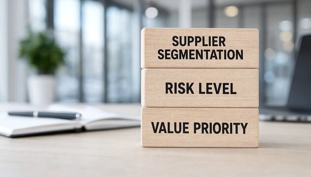 Wooden blocks displaying supplier segmentation criteria including risk level and value priority on modern office desk