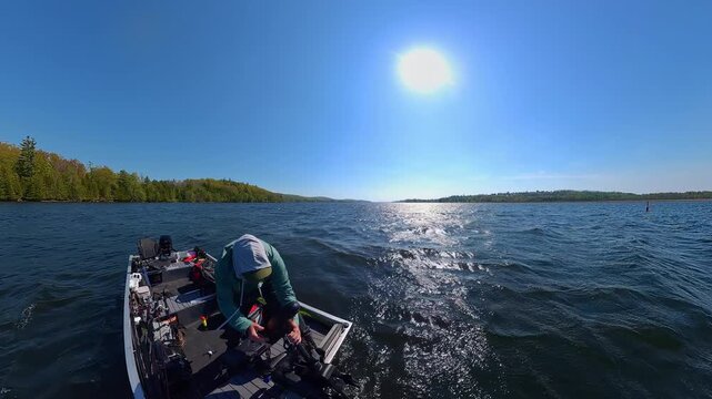 Angler in the boat during windy day and large waves removing trolling motor mounted to the bow for changing the fishing spot. Trolling motor electric propulsion system for slow movement while fishing.
