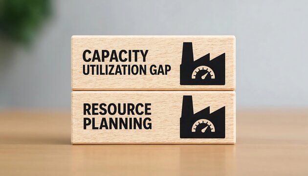 Wooden blocks illustrating capacity utilization gap and resource planning concepts with factory gauge icons