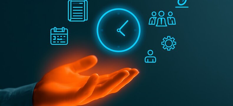 Business professional holding virtual clock interface with productivity and time management icons, deadline planning, scheduling efficiency and performance optimization concept
