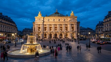 Fototapeta premium Palais Garnier Opera House at Dusk with Fountain and People.