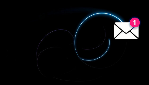 Digital Envelope with Notification Icon and Abstract Neon Light Swirls on Black Background, Modern Communication Concept
