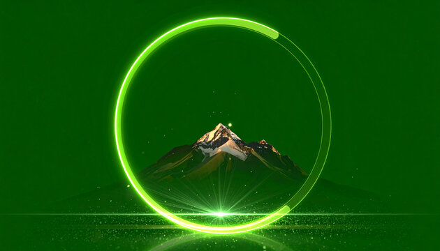 Majestic Mountain Peak Illuminated by a Glowing Green Ring and Sparkling Particles on a Dark Green Background