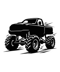 Black and white silhouette illustration of a powerful monster truck driving fast on a white background © meril