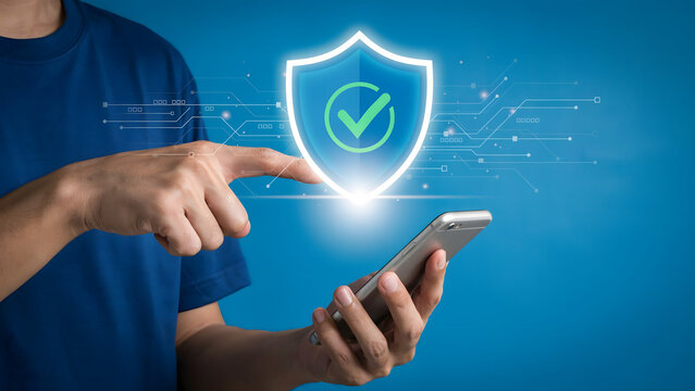 Man in blue shirt touching glowing shield icon above smartphone, symbolizing robust digital security and data protection for mobile devices and online privacy in the connected world