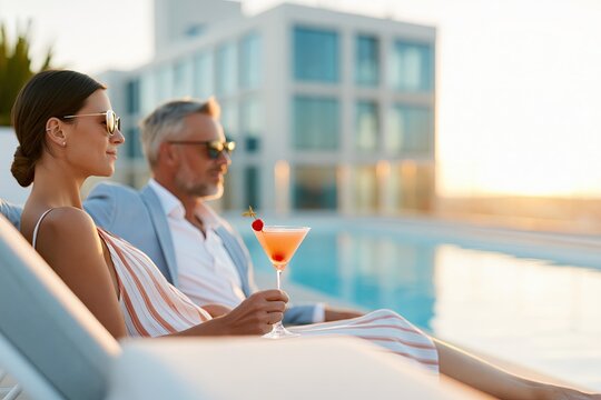 couple relaxing poolside with cocktails at sunset summer vacation travel leisure