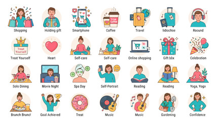 Naklejka premium Set of flat icons representing various lifestyle activities and hobbies for personal development and self care.