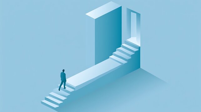 Man standing on path with stairs leading to a door looking at a high barrier blocking him representing business obstacles, 3d render