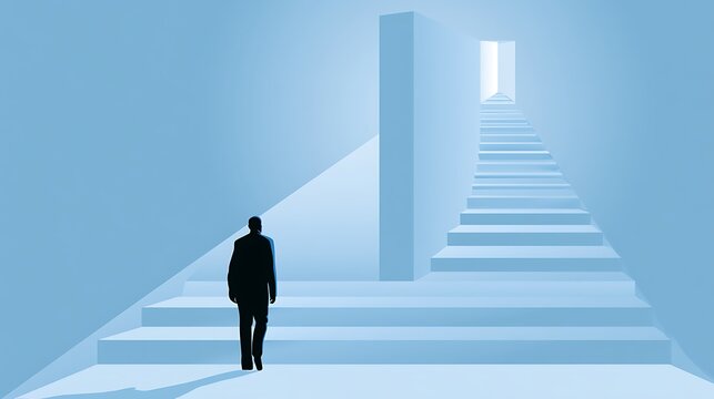 Man standing on path with stairs leading to a door looking at a high barrier blocking him representing business obstacles, 3d render