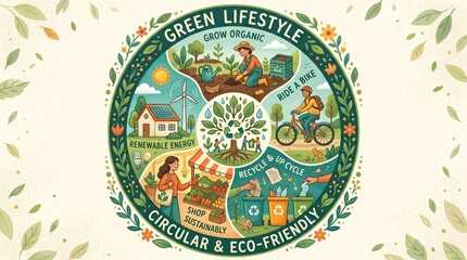 Naklejka premium Green Lifestyle Infographic Illustrating Circular Economy Eco-Friendly Habits Sustainable Living Concepts with Recycling Gardening Renewable Energy