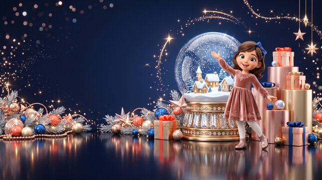 3D little girl presenting giant magical snow globe Christmas promo banner stock photo&mdash;featuring a charming 3D cartoon girl character with short brown hair, a blue hair bow, and a plush pink dress, ges
