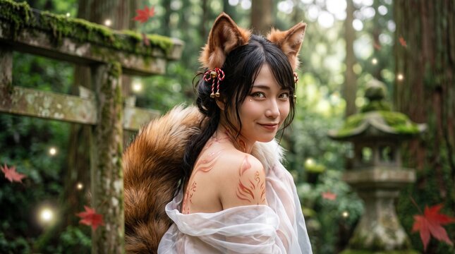 Macro photo of woman with fox ears 2k showing woman's features showing delicate skin pores natural beauty details and high-resolution skin texture with professional studio lighting