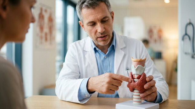 Doctor Explaining Thyroid Anatomy Model To Patient In Clinic