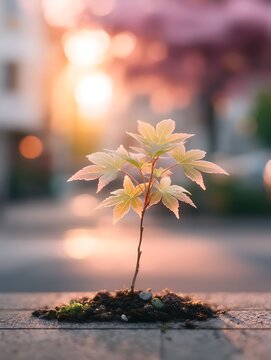 Young sapling growing in urban environment during sunset, close-up shot with warm backlight and blurred background of cityscape and trees