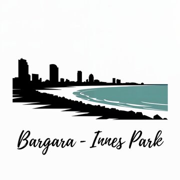 Bargara Innes Park Queensland City Skyline Silhouette Illustration with Beach and Ocean